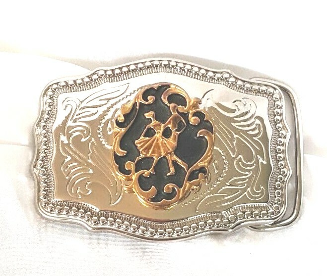 Belt Buckle Dancing Couple Made in the USA Embossed Black/Silver/Gold tone