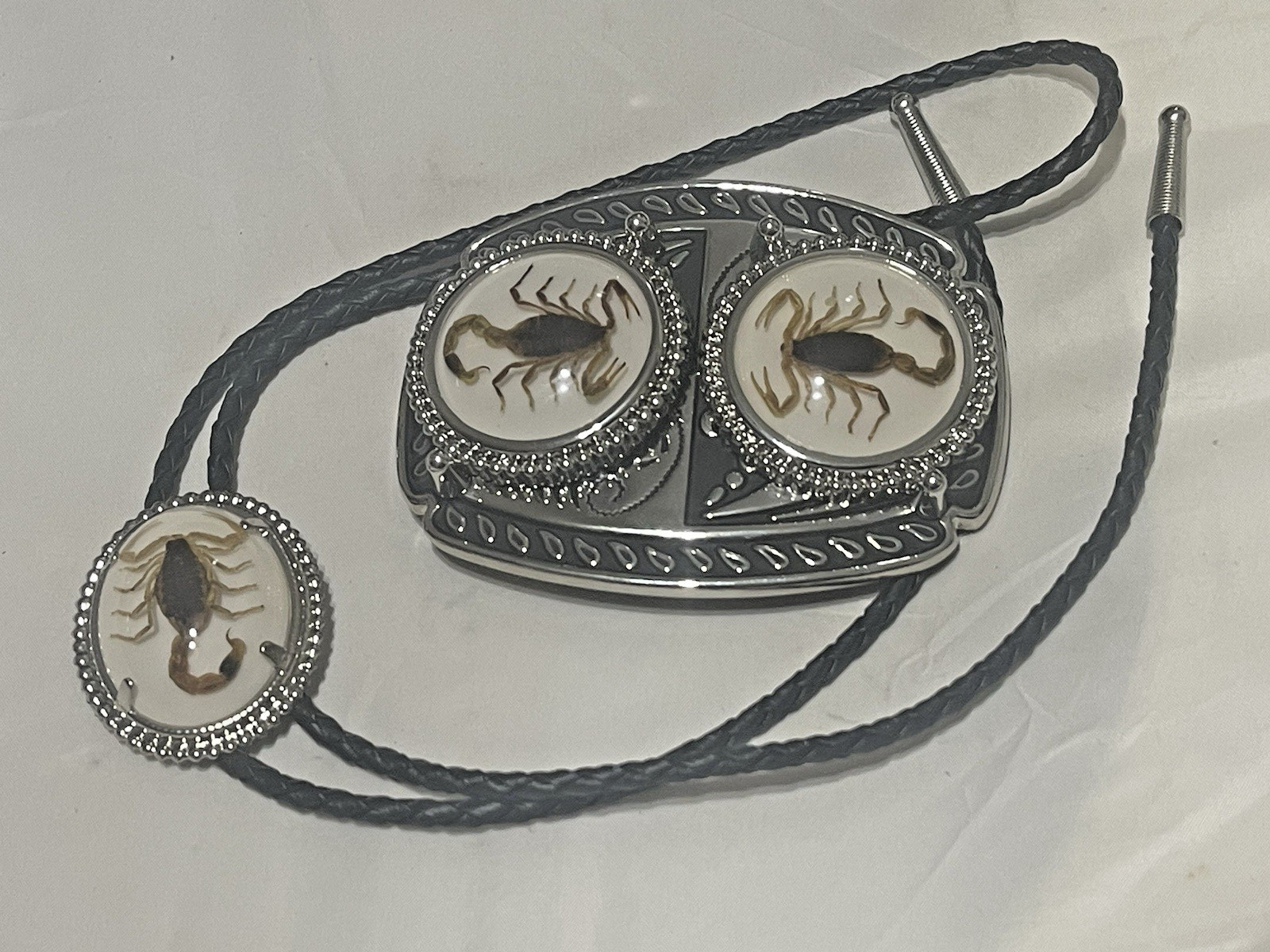 Silver tone Scorpion Belt Buckle and Bolo Set
