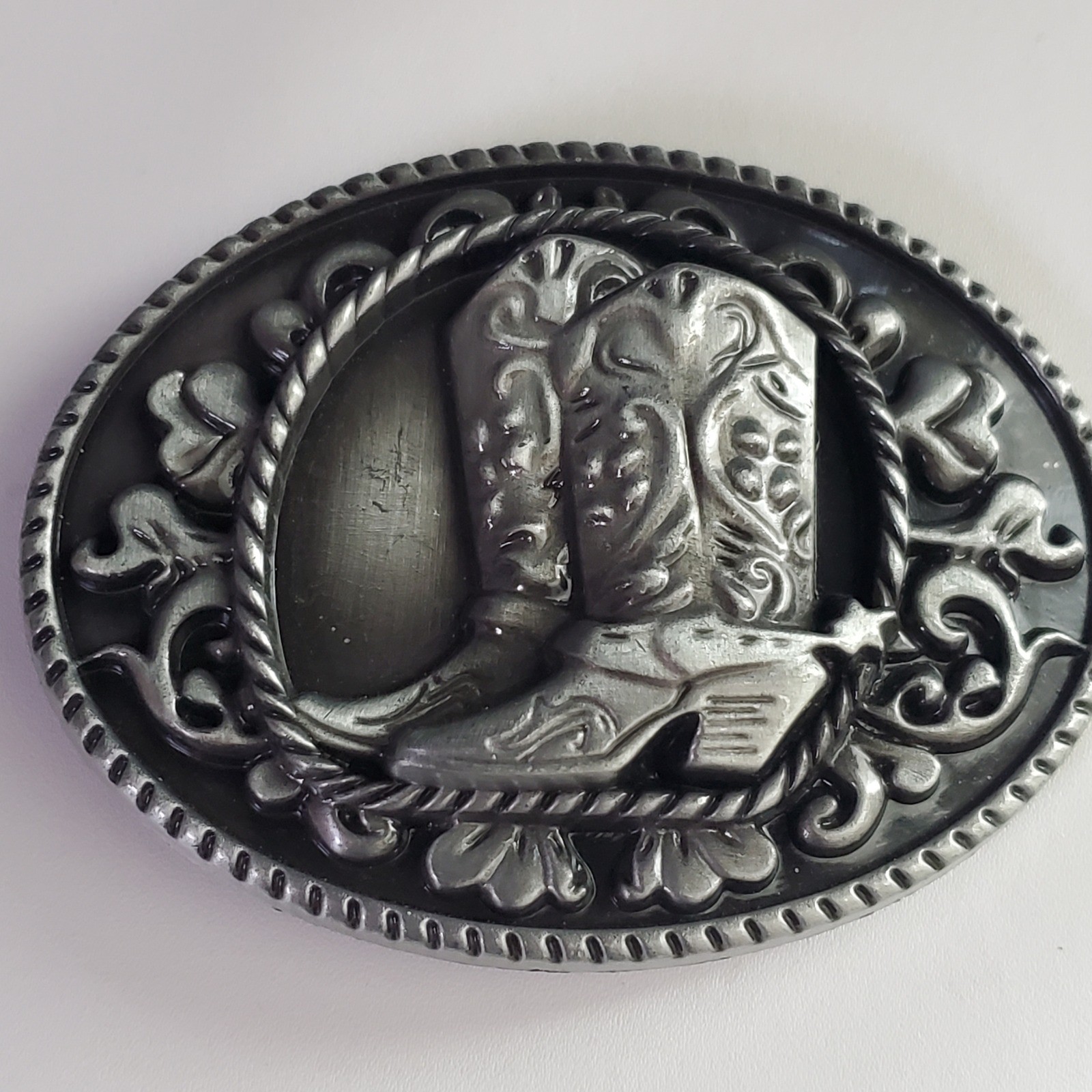 Mens Western Cowboy Boots Belt Buckle Silver Tone Oval Rope Edge Rodeo Style