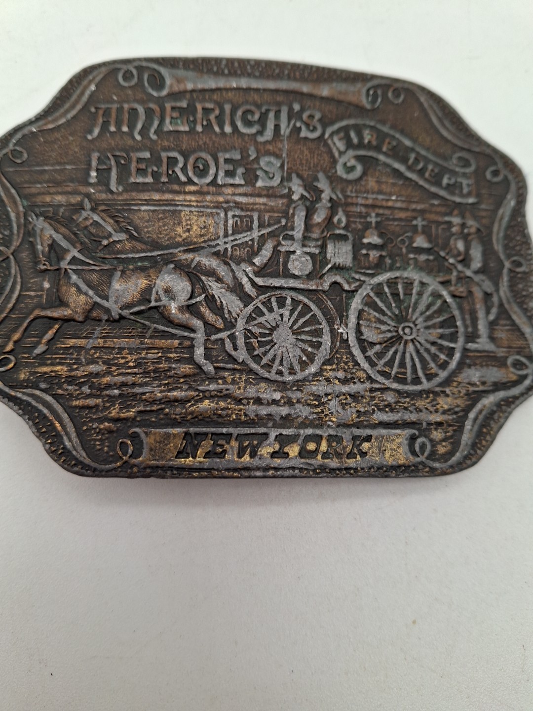 Americas Heroes New York Antiqued Fire Dept Brass 1.5&Prime; Belt Buckle Approx 4×3&Prime;