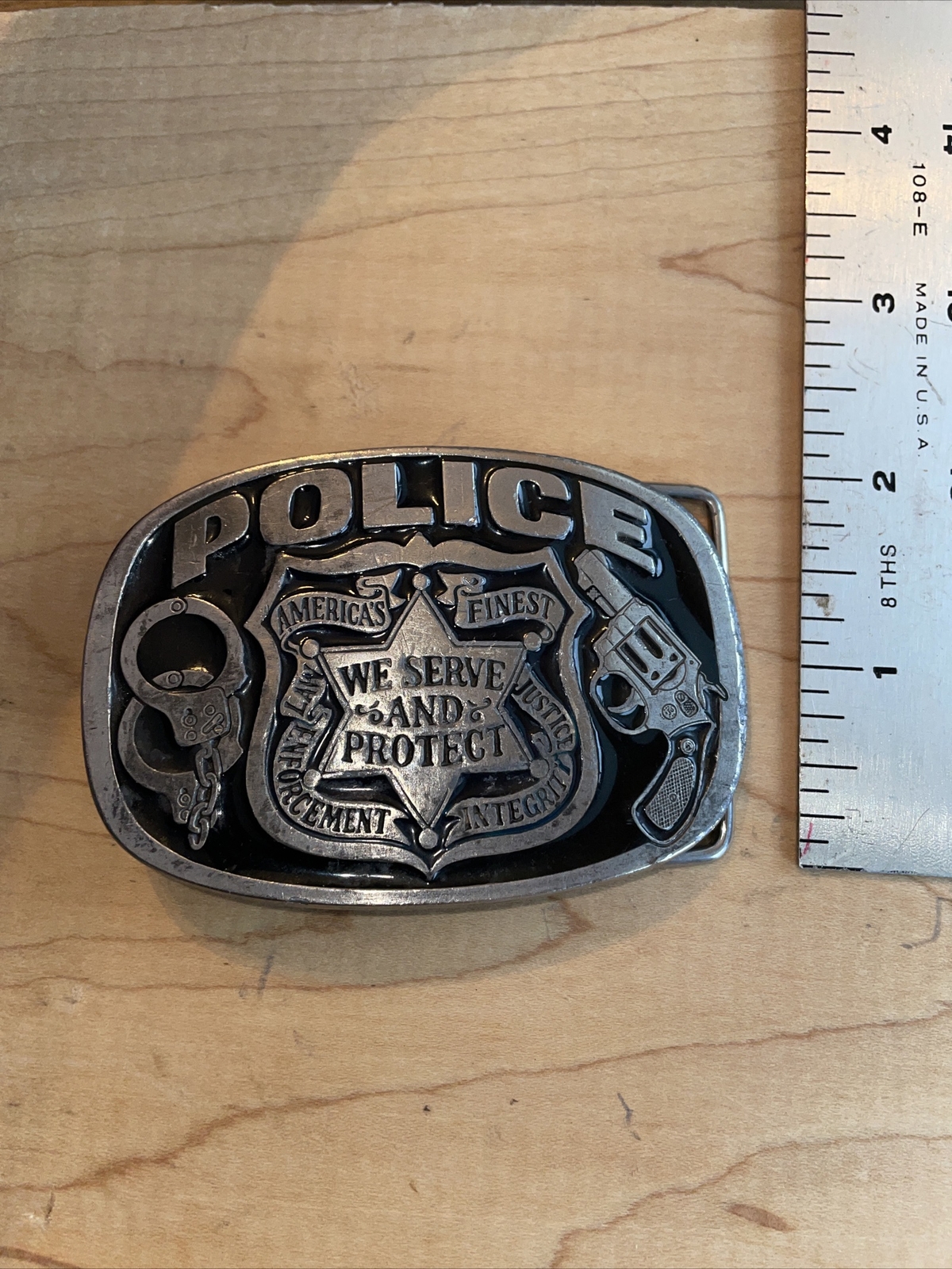 Police America Finest Law Enforcement We Serve and Protect Belt Buckle 1988 USA