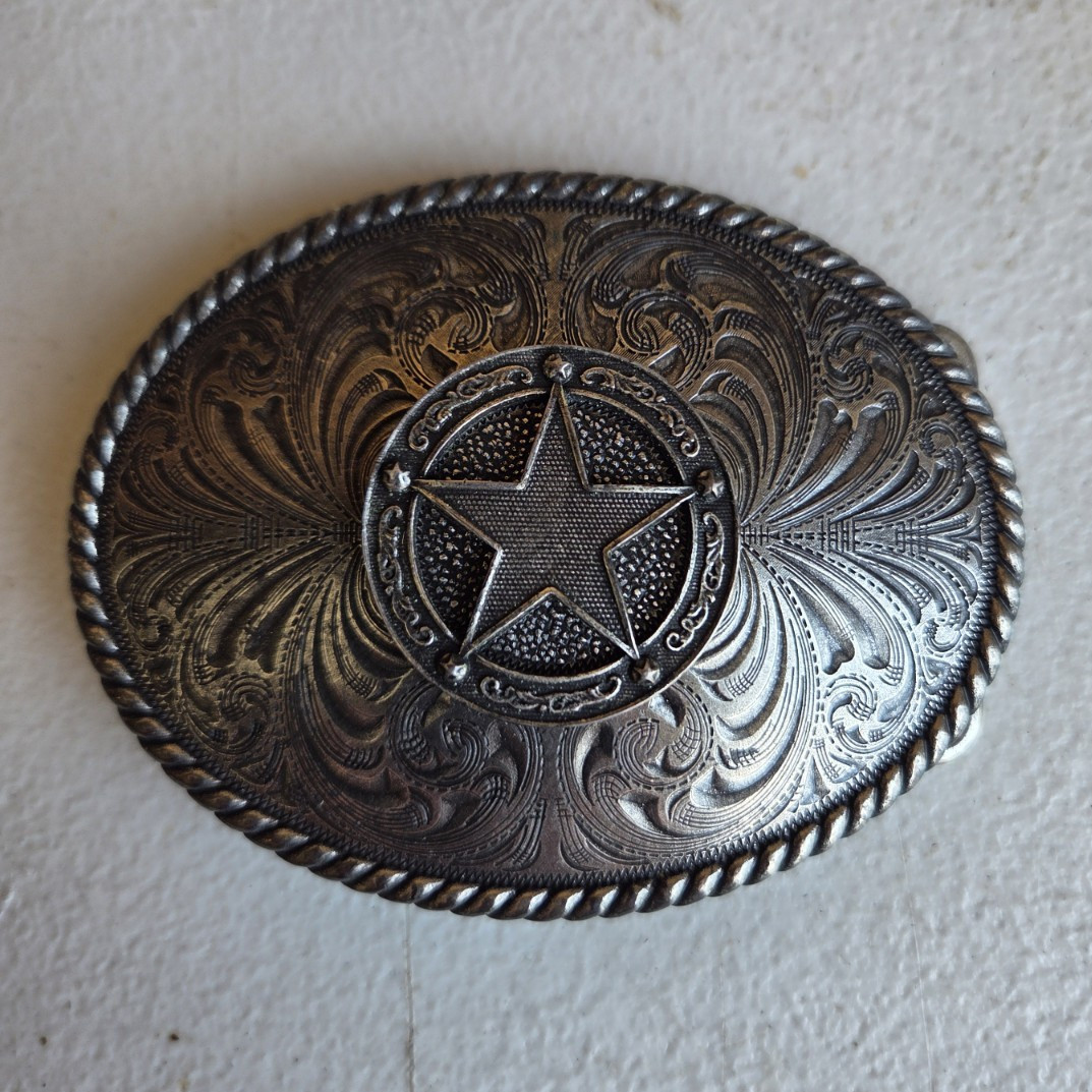 Oval Silver Metal Western Belt Buckle Engraved Star Floral Fits 1.5&Prime; Belt