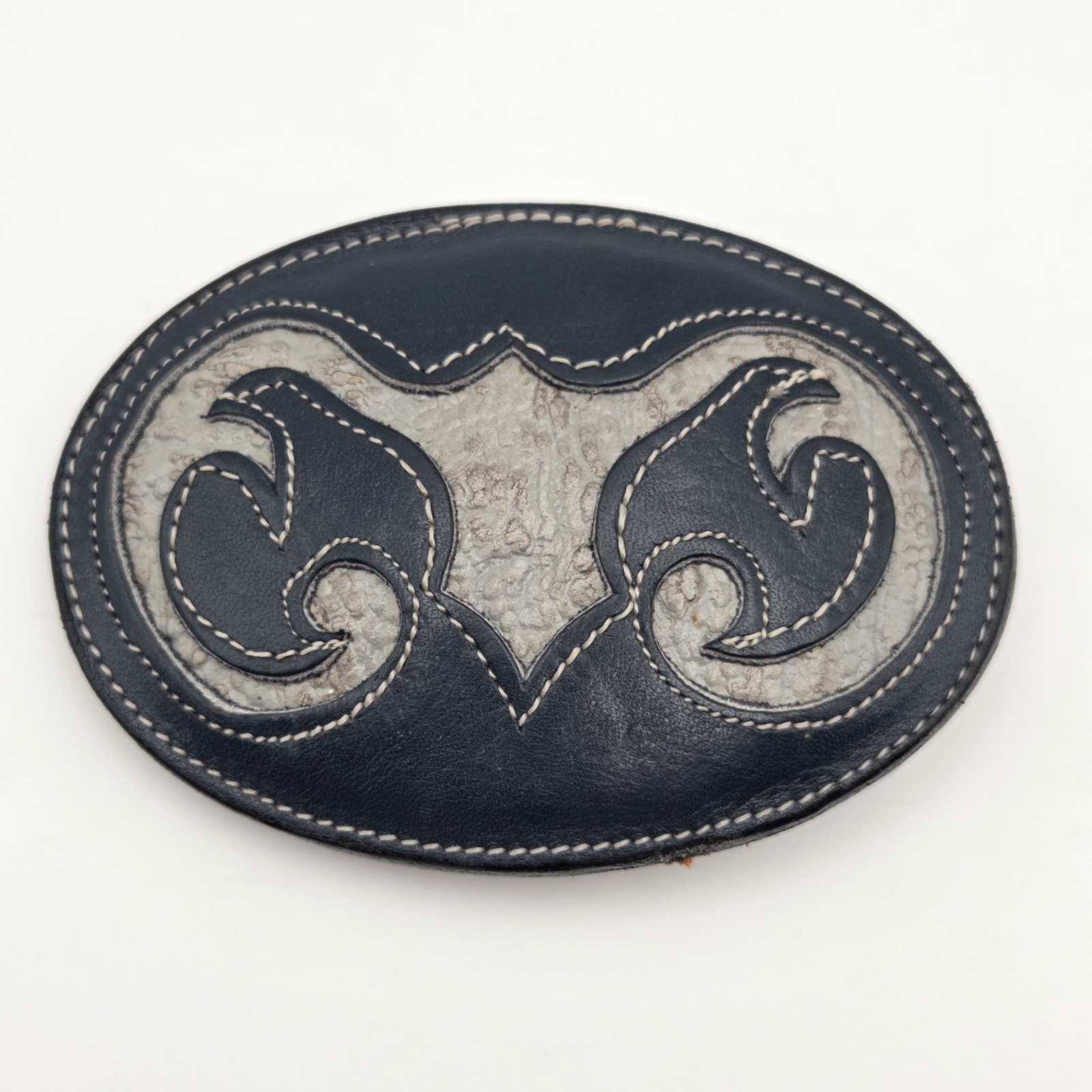 Vintage Tony Lama Navy Blue & Gray Antelope Skin Belt Buckle Made In USA