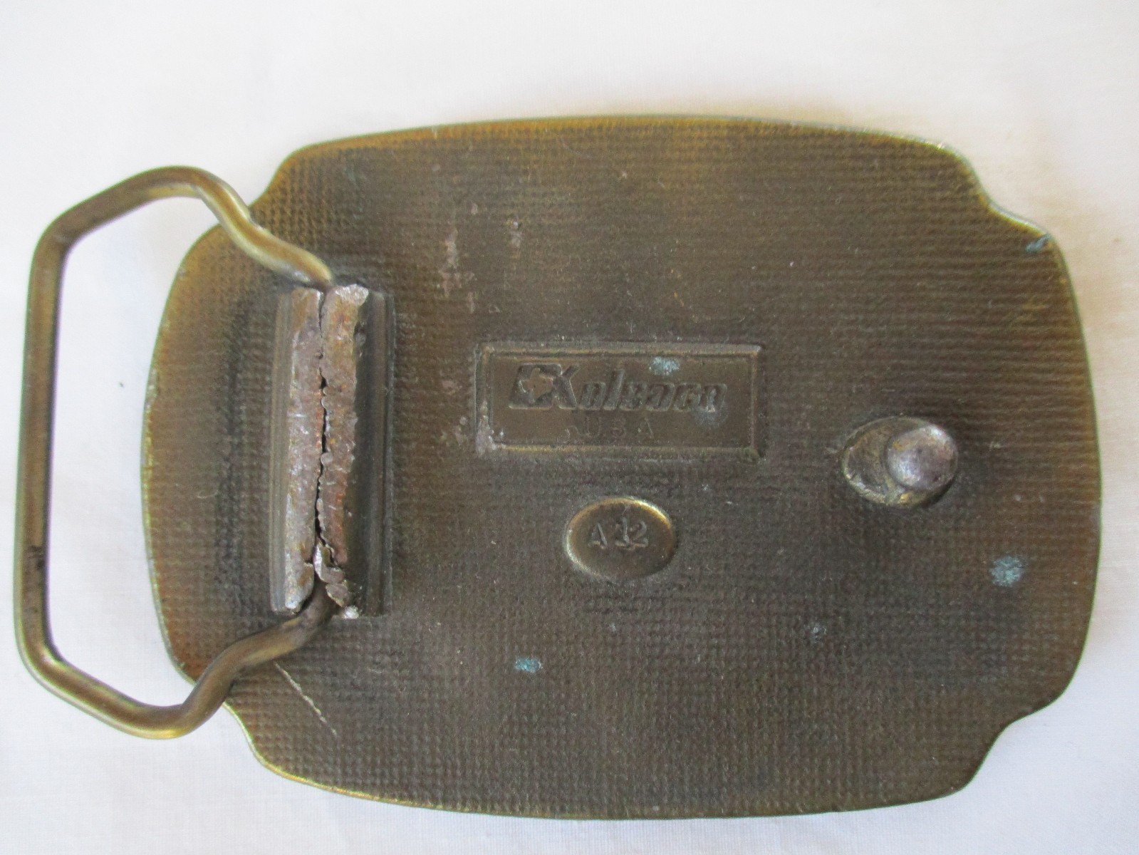 VINTAGE KOLEACO ENAMEL AND BRASS TRAIN BELT BUCKLE