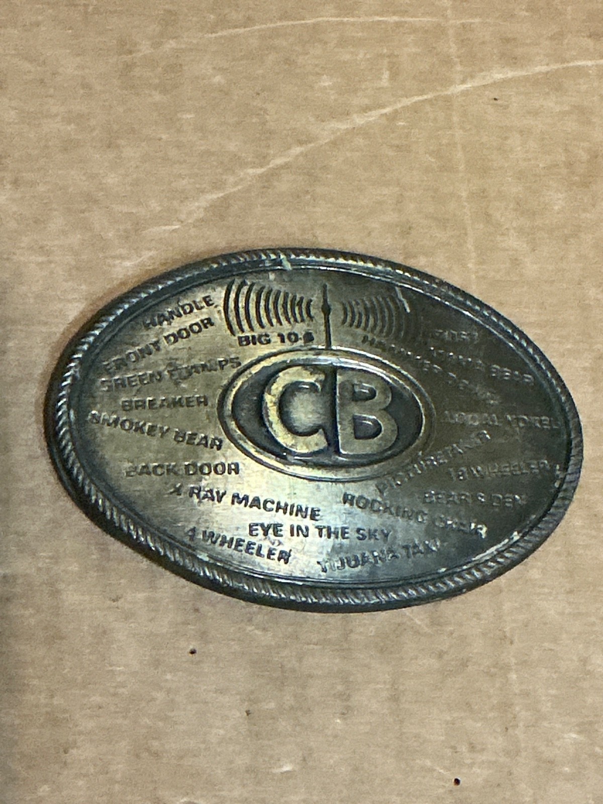 Used Colorful Metal Alloy CB Citizens Band Radio Handles etc Belt Buckle