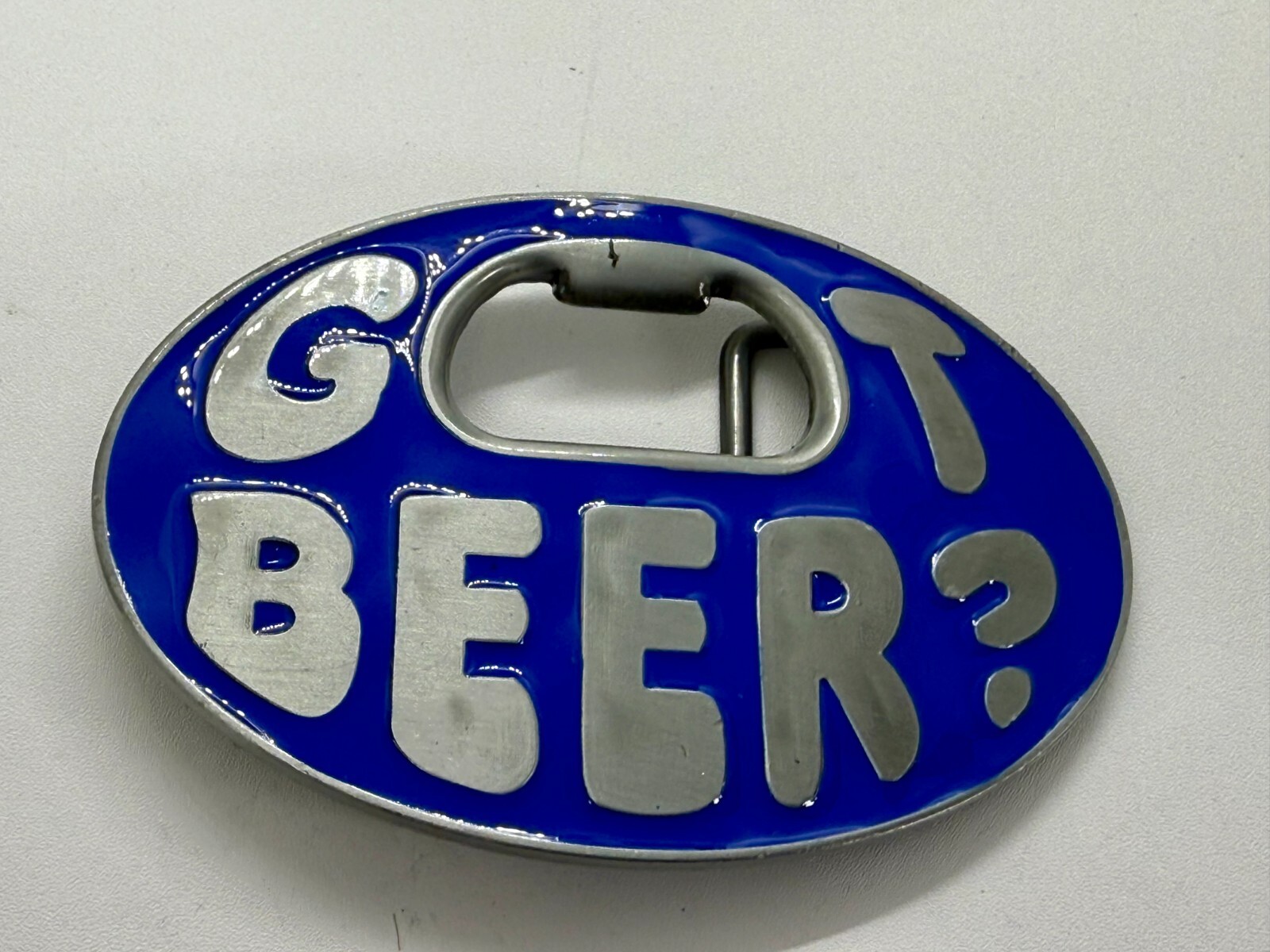 Got Beer Novelty Blue Enameled Funny Bar Pick Up Belt Buckle With Bottle Opener