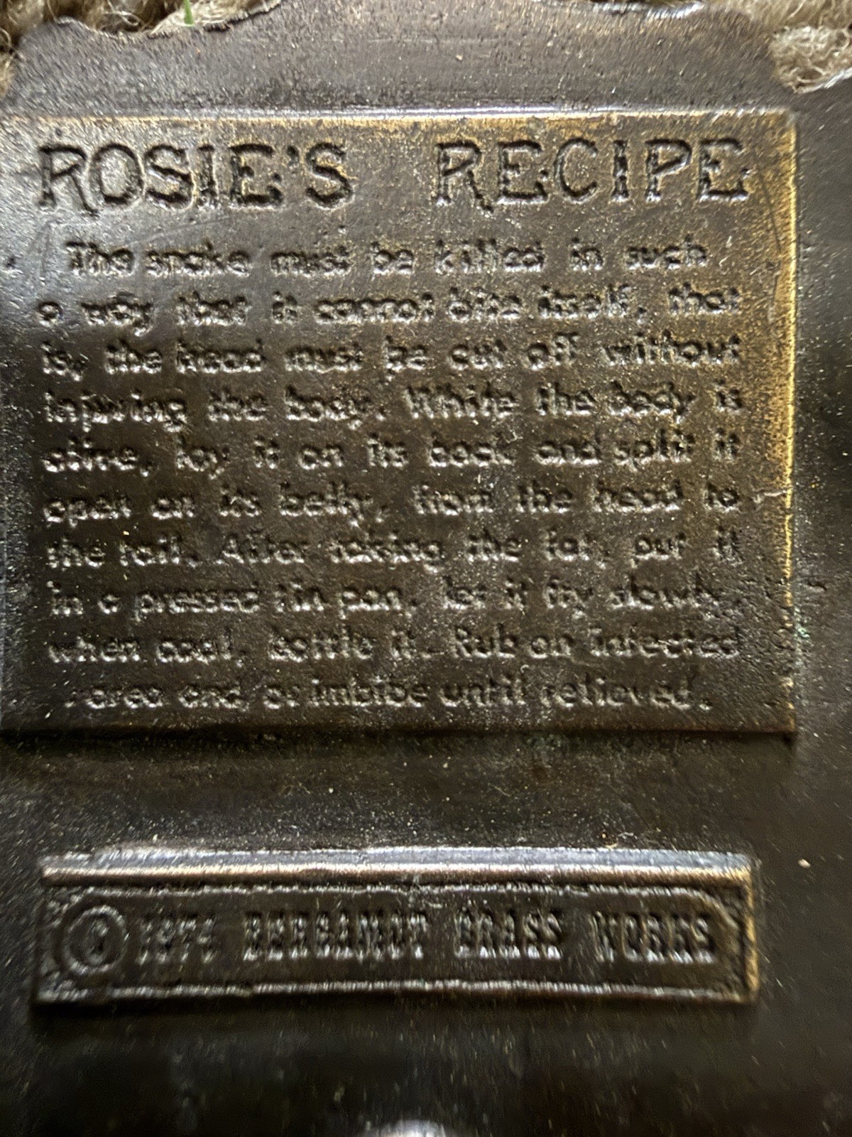 Vintage 1974 Rare Hard-to Find Rosie&rsquo;s Rattlesnake Remedy – Bergamot Belt Buckle