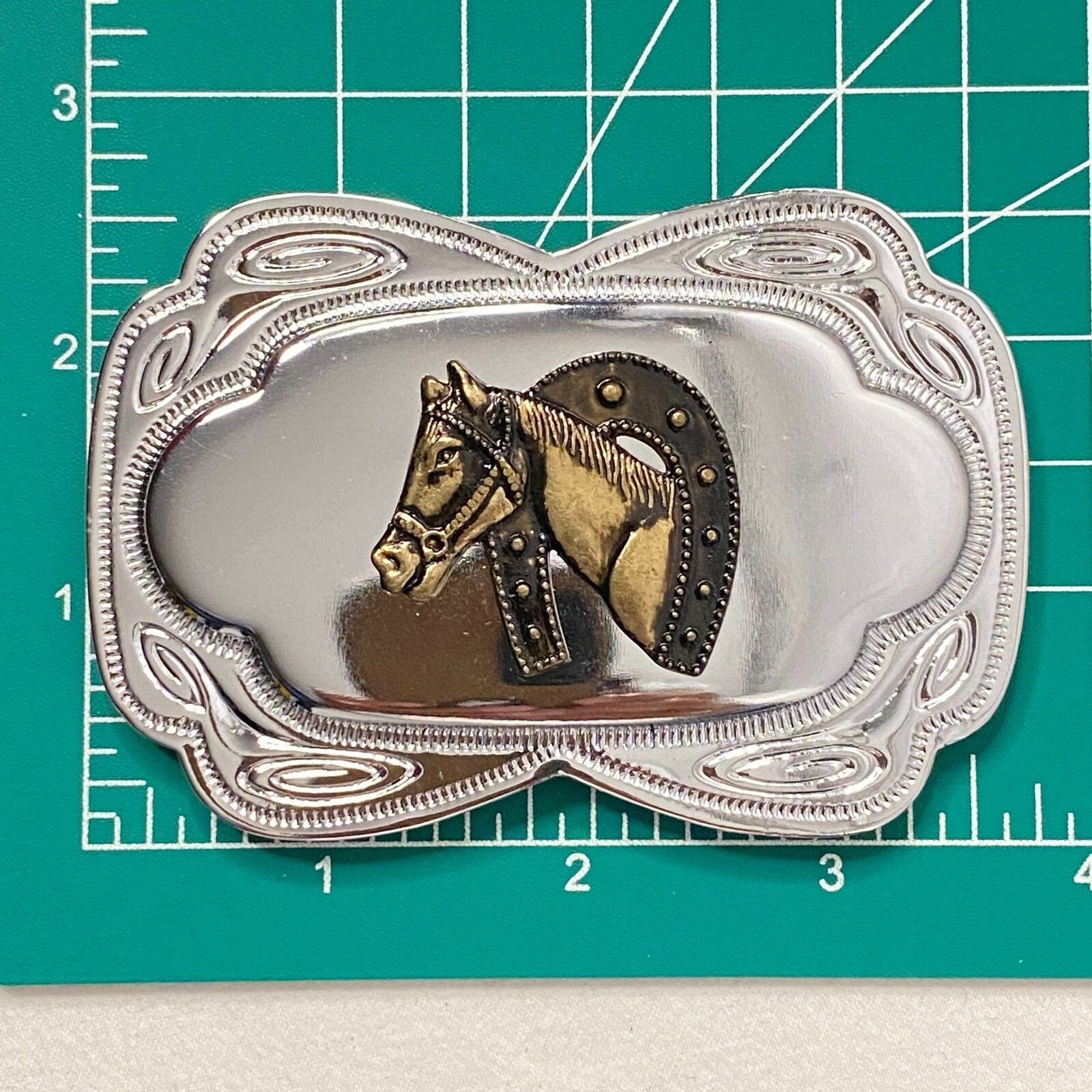 Bronze Horse And Horseshoe Embossed Silver Tone Belt Buckle Western
