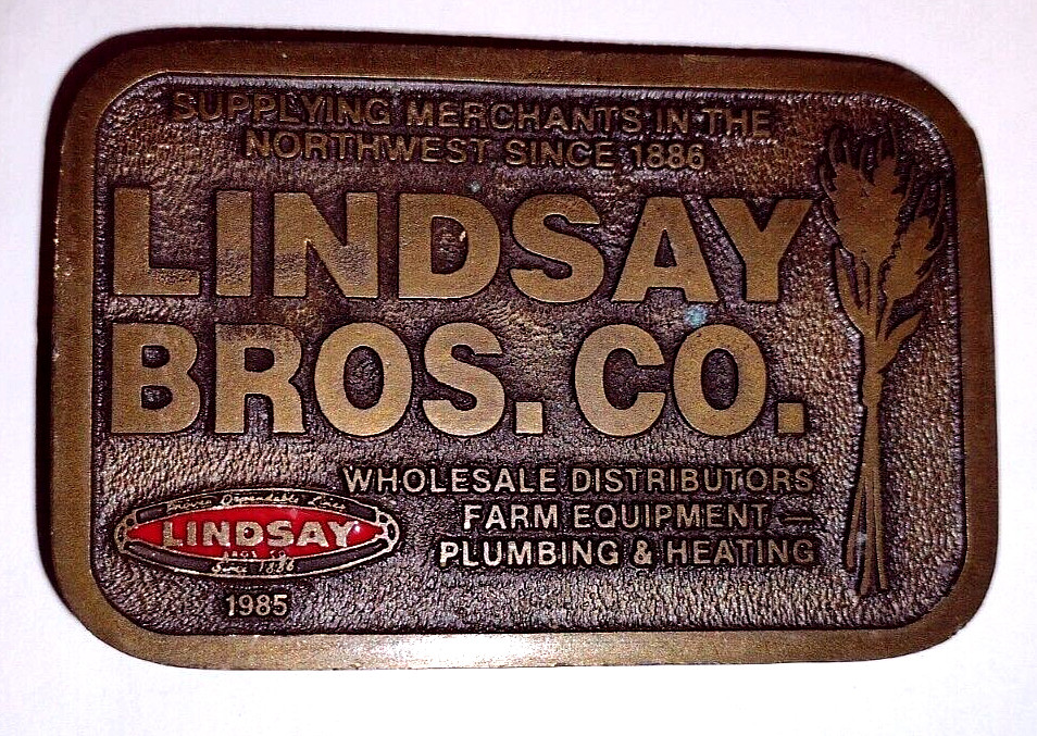 Lindsay Brothers Co Plumbing & Agriculture Supplies 1985 Brass Belt Buckle Vtg