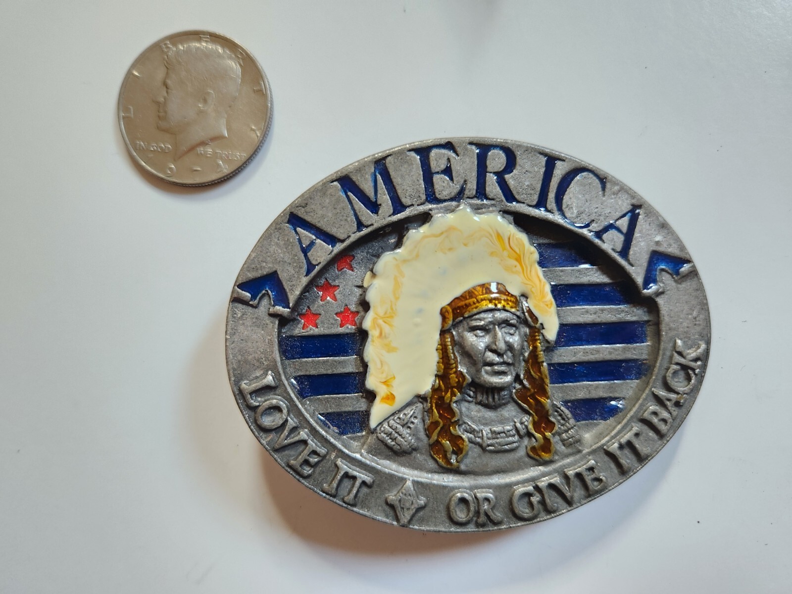 Pewter Belt Buckle Patriotic America Love It or Give it Back Pre Owned