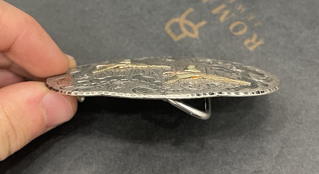 BHJ Co Sterling 10k Multi Color Black Hills Belt Buckle Hand Engraved Pheasants