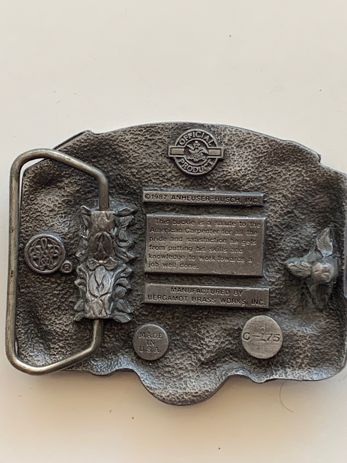 Vtg Anheuser-Busch Budweiser Belt Buckle 1987 American Carpenter Salute C-175