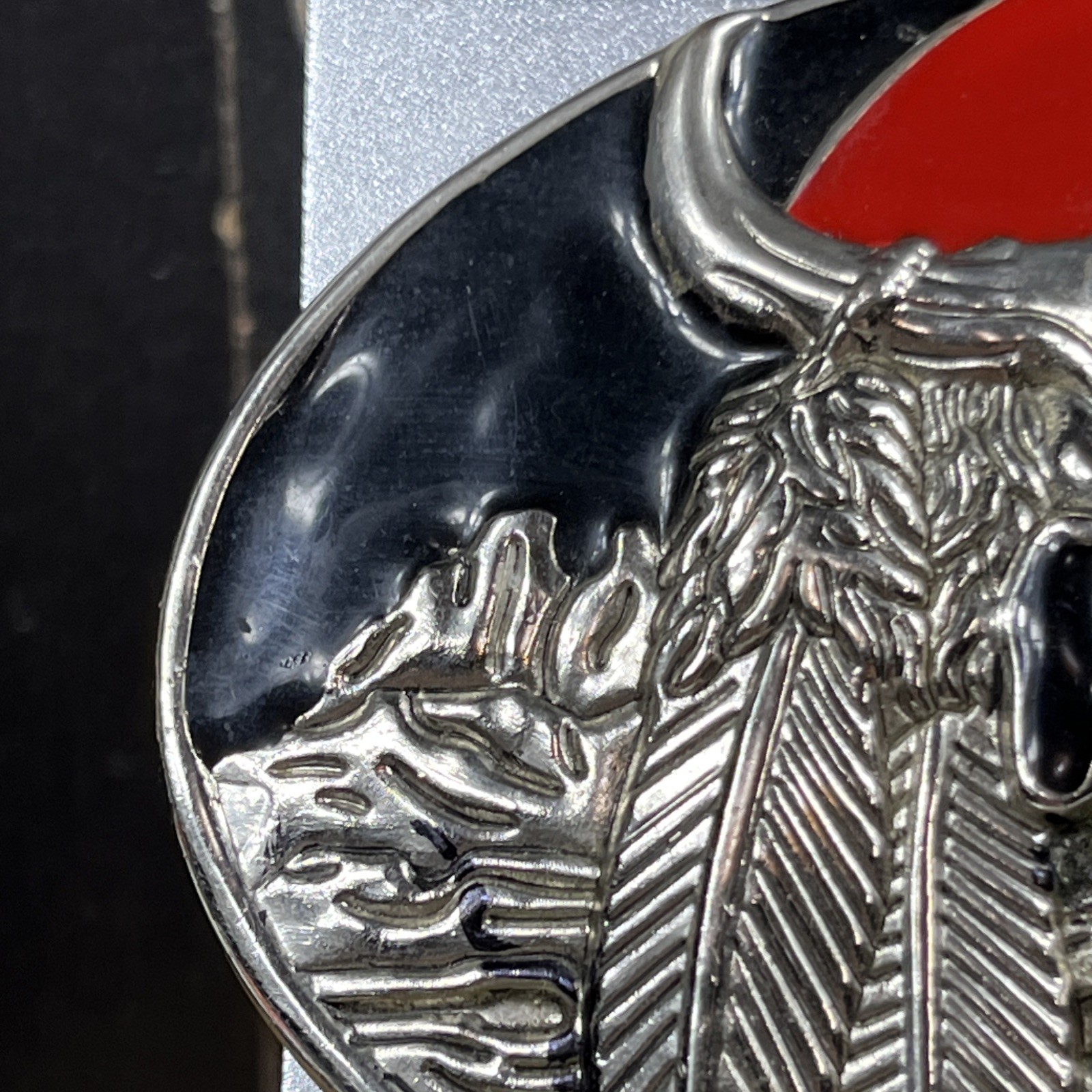 Silver Black and Red Metal Men’s Long Horn Belt Buckle 5 in – 3. 1/4 in