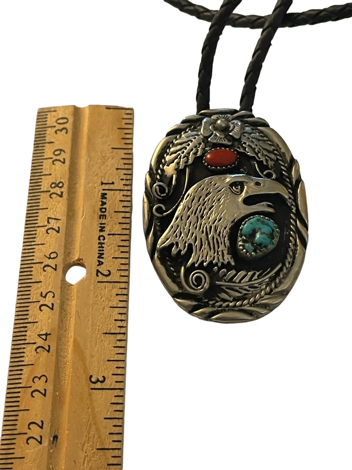SSI Silver Turquoise Coral American Eagle Feathers Flower Belt Buckle & Bolo Tie