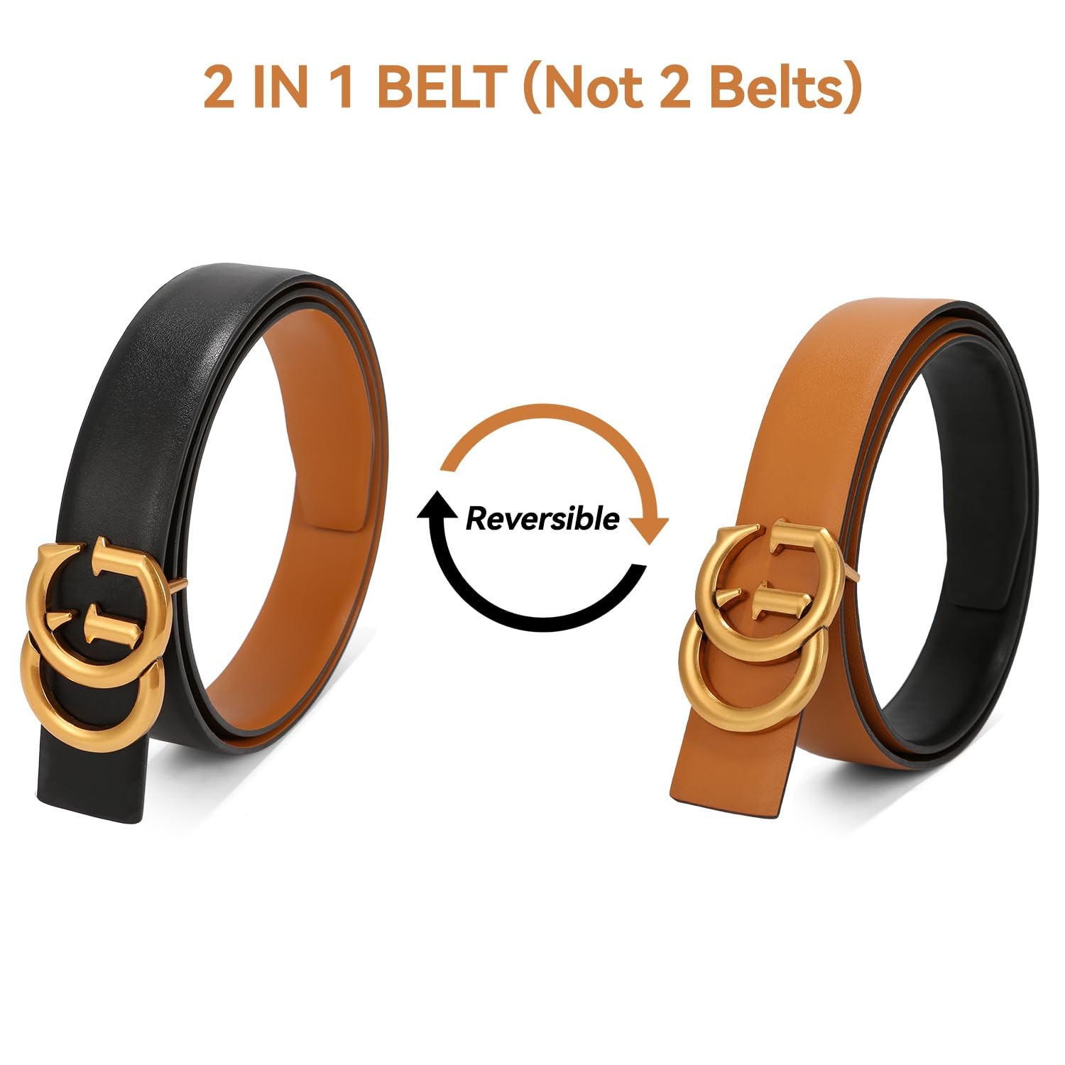 Mens & Womens Reversible Leather Belt with Gold 125CM(Waist38 »~44 »), Black