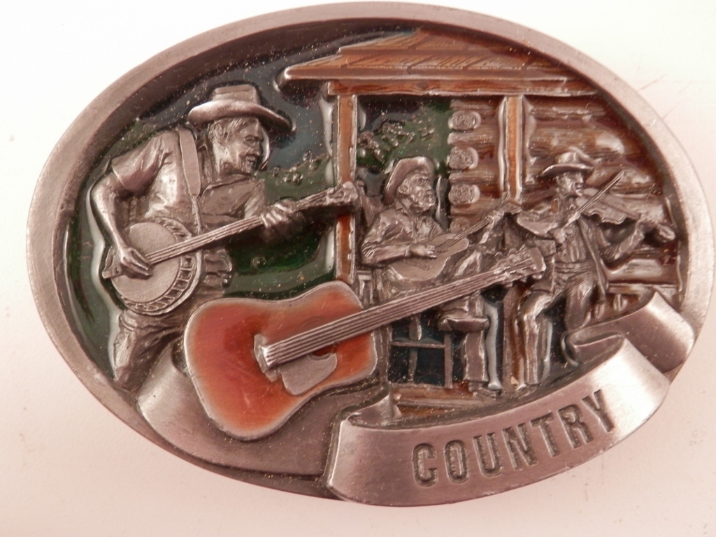Vintage Country Pickers 1986 C & J inc Belt Buckle Enamel Guitar Players #1446