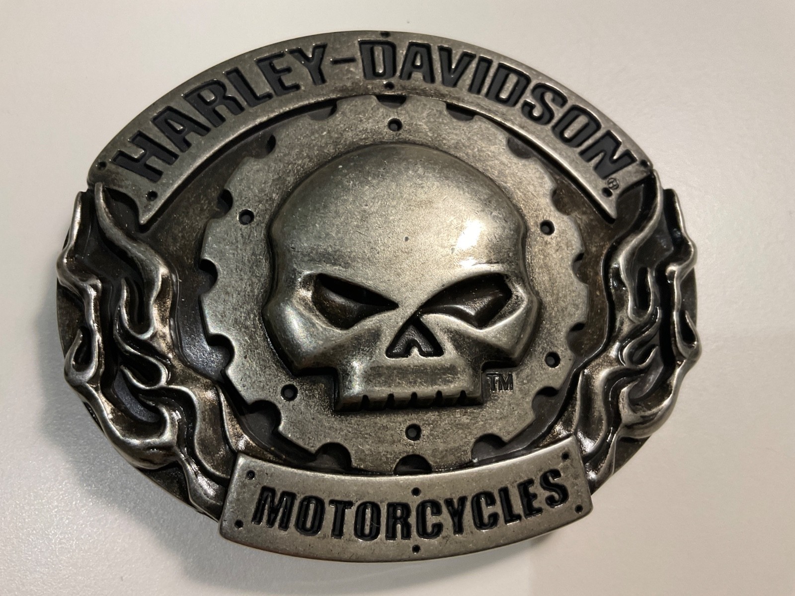 Harley-Davidson Willie G Skull, flame belt buckle #97669-11VM .Antique nickel .