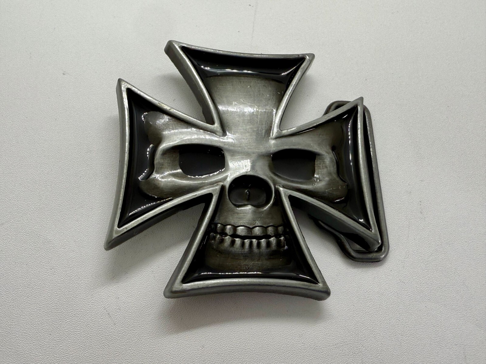 Maltese Iron Cross with Skull Reflective Cutout Gothic Punk Vibe Belt Buckle