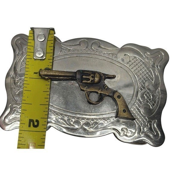 Western Belt Buckle, Silver Tone With Gold Gun, Vintage, Made In USA