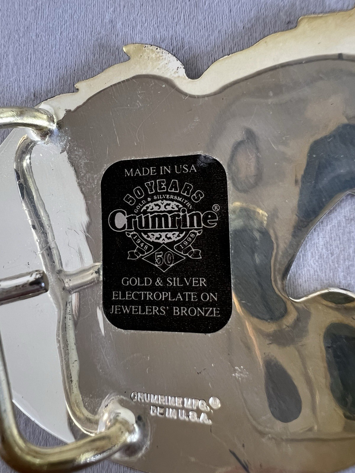 VTG Crumrine 50 YEARS Western Belt Buckle Three Horse Silver Plate on Bronze