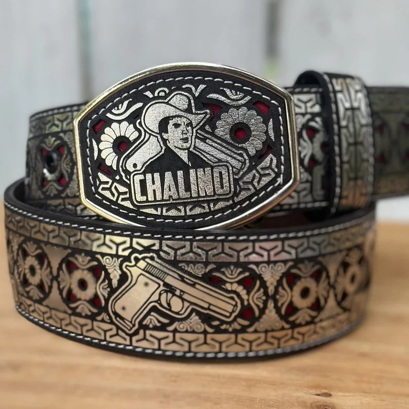 Genuine Laser Cut Leather Chalino Western Belt with Removable Buckle – Silver