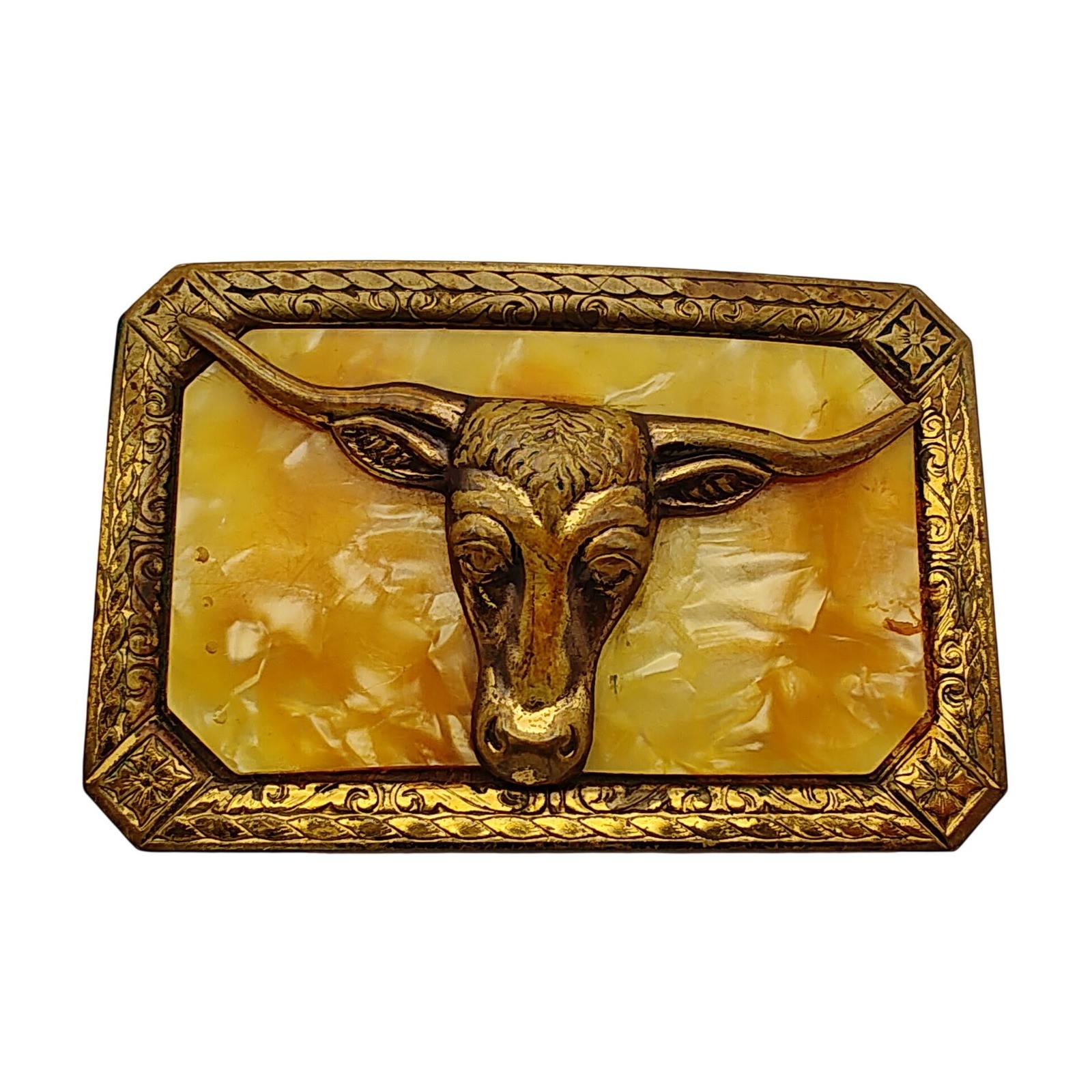 Vintage Western Longhorn Steer Belt Buckle Gold Tone Faux Marble Cowboy Rodeo