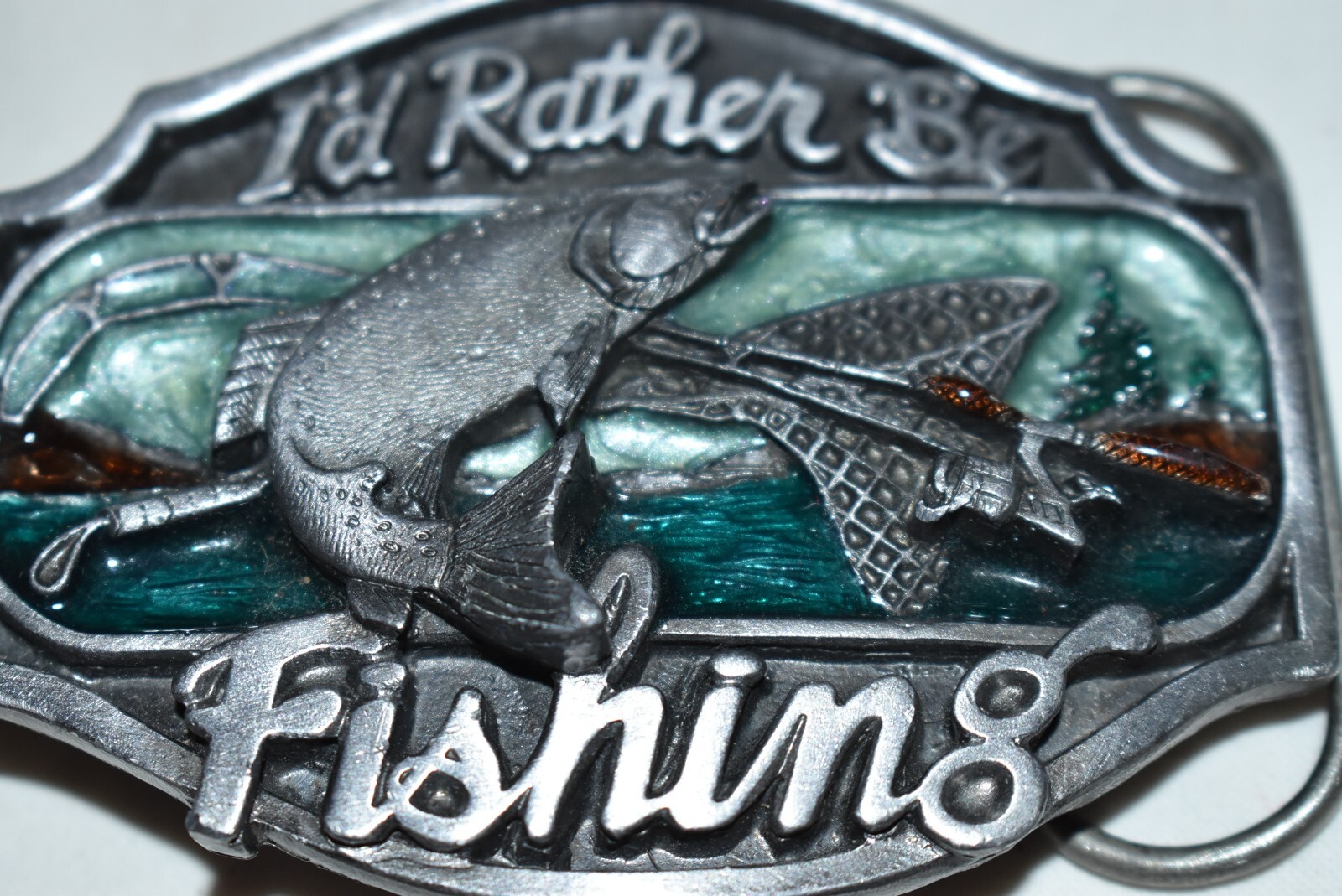 Vintage 1989 Arroya Grande  » I`d Rather Be Fishing  » Pewter 3D BELT BUCKLE USA