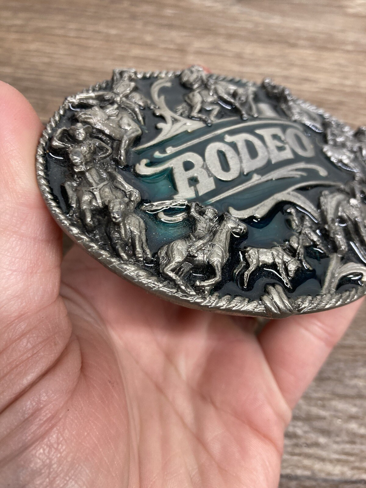 2 Vintage Western Wear Rodeo Buckles Metal & Green Enamel Buckle Bergamot Brass