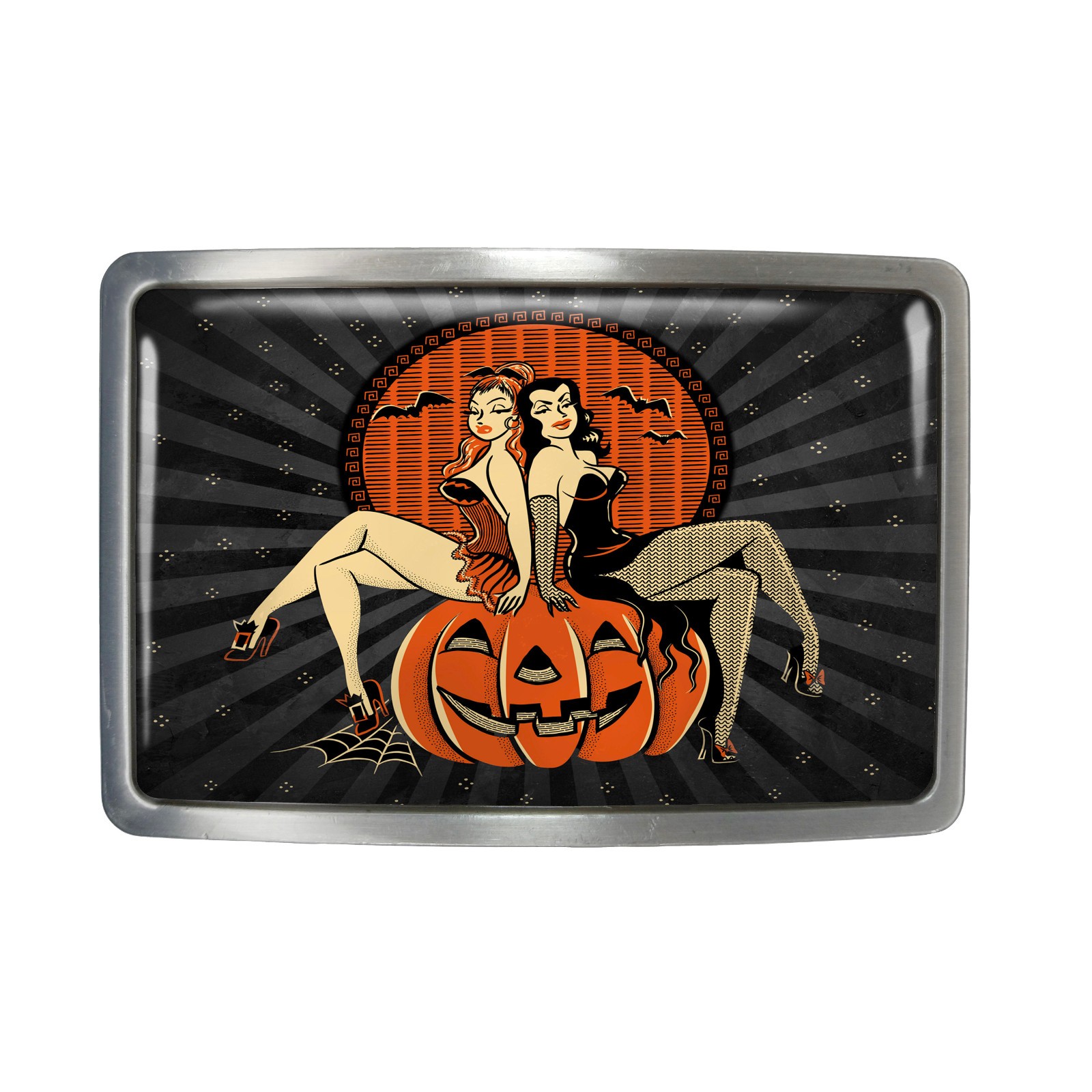 Halloween Pinup Girls Belt Buckle – Vampira, Rectangle, Black Silver or Chrome