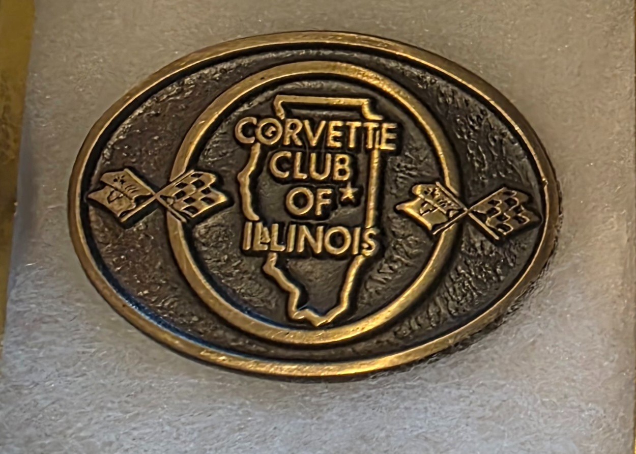 Vintage Metal Belt Buckle, Solid Bronze, Corvette Club of Illinois, Sports Car