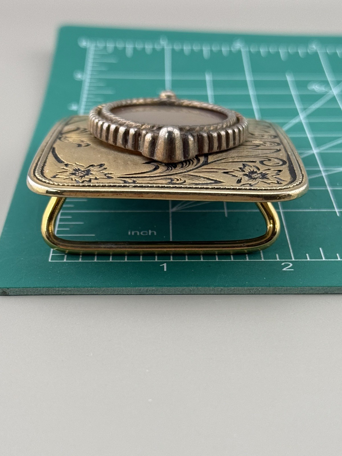 Engraved Brass Belt Buckle Agate Cabochon Floral Western Scroll Vintage Heavy