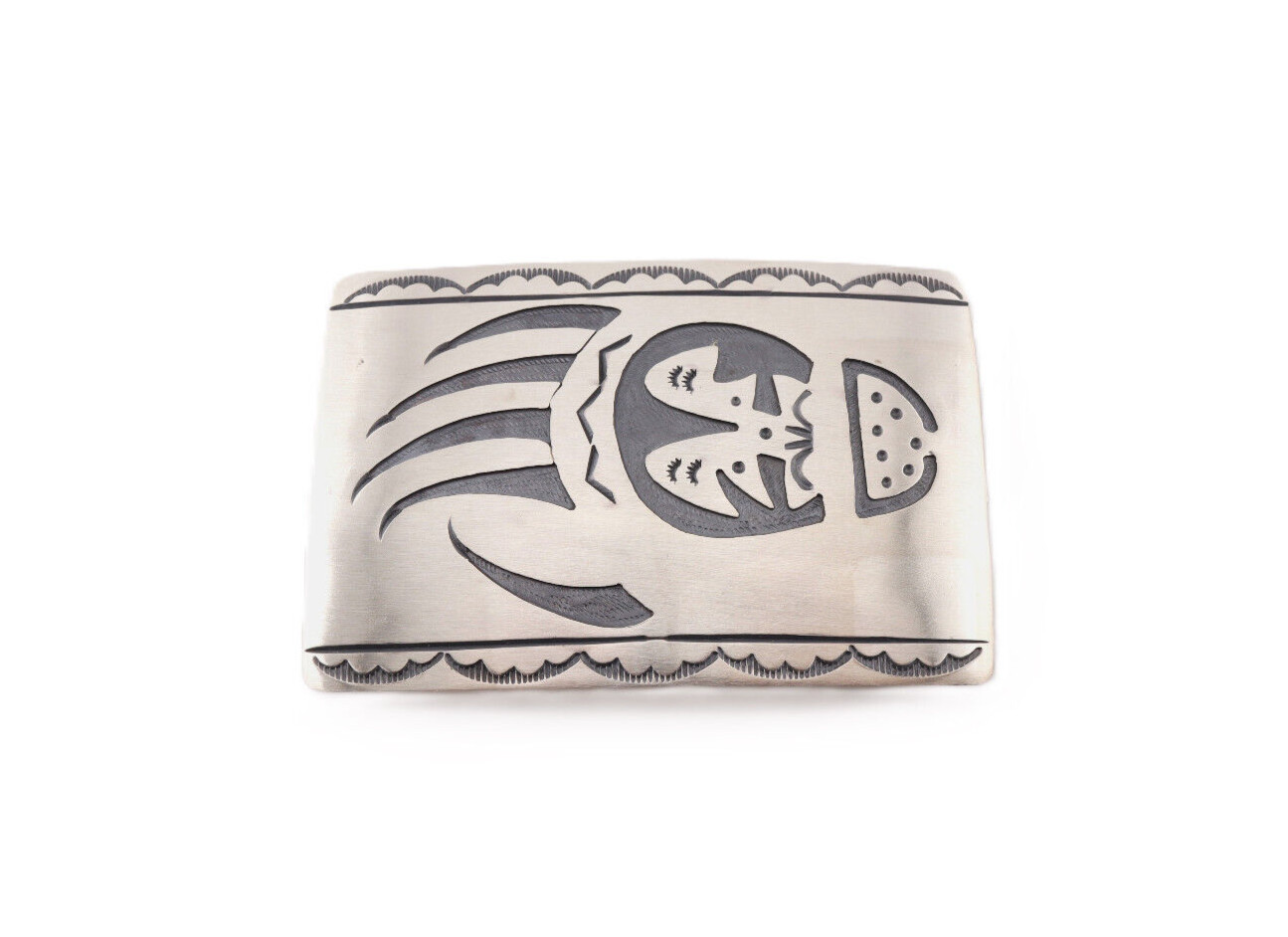 Handcrafted Navajo Belt Buckle Sterling Silver Bear Paw Overlay Design Signed