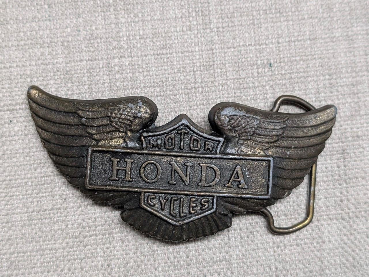vintage 1970s belt buckle HONDA eaglewings MOTORCYCLE western BRASS patina