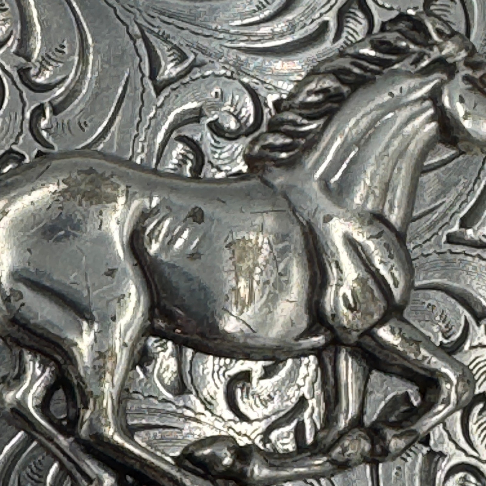 Western Horse Belt Buckle Silver Tone Floral Engraved Rhinestone Border Rodeo