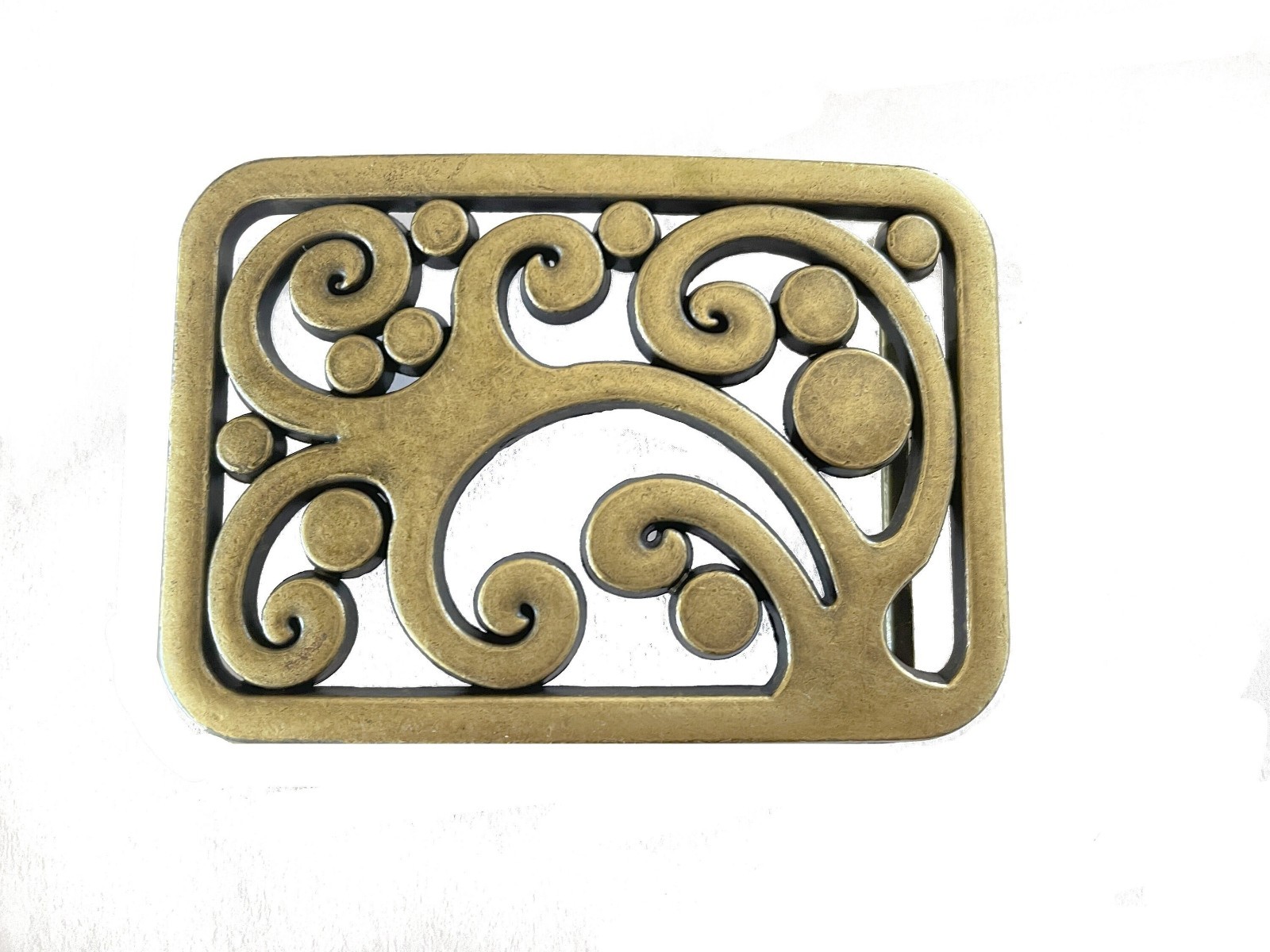 Vintage Handmade Brass Belt Buckle Brutalist Floral Swirl Western Snap On Style