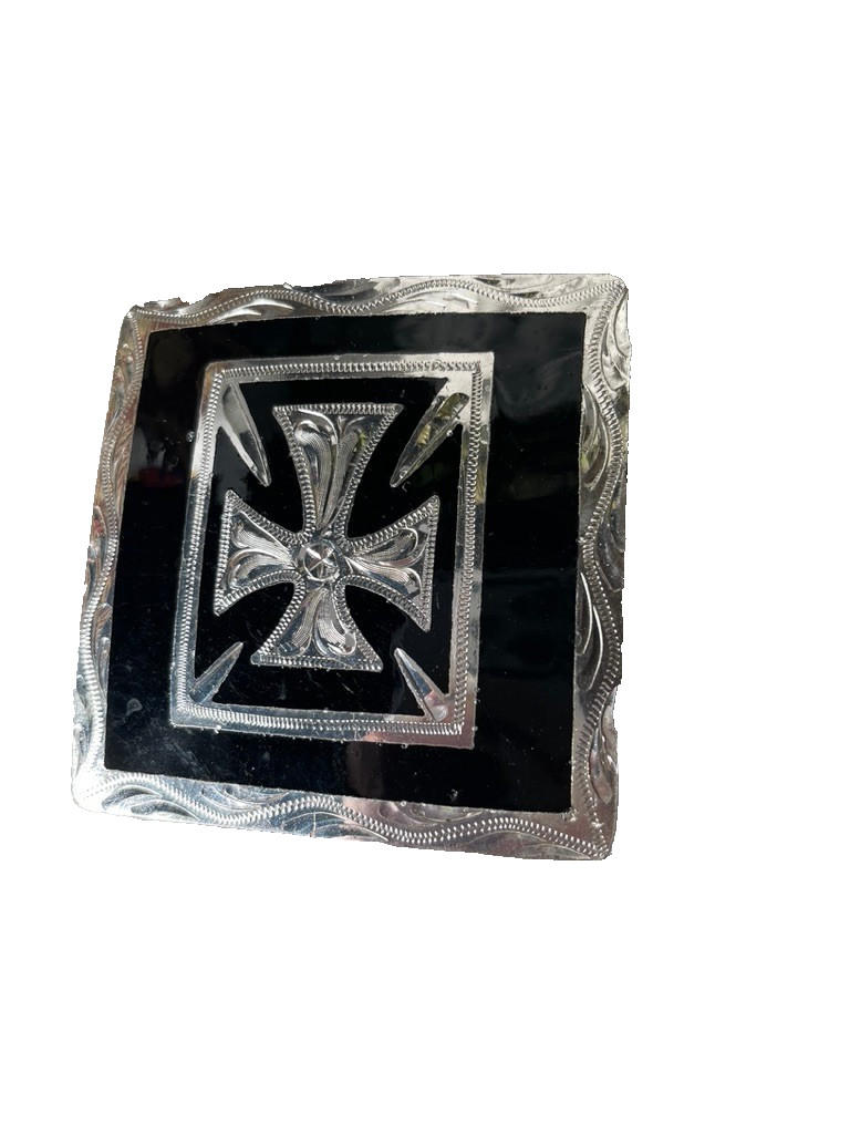 Western Mens Belt Buckle 3.25 x 3 in Southern Cross Cowboy Black Silver 1.5