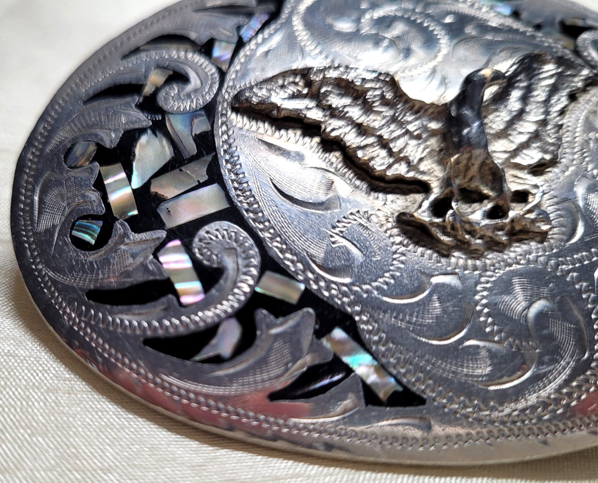 Vintage Alpaca Mexico Eagle Abalone Shell Mother Pearl Inlay Belt Buckle