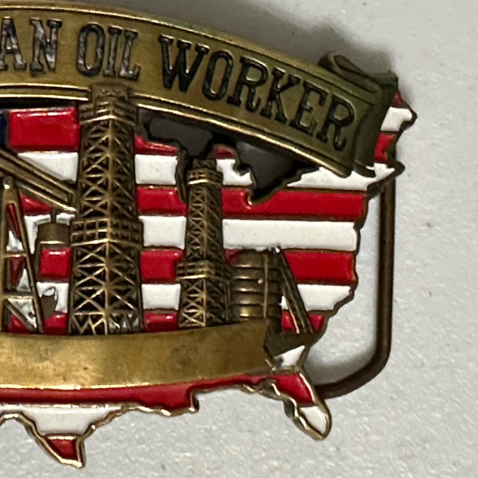 Baron American Oil Worker Belt Buckle Solid Brass Vintage &rsquo;81 Americana USA Flag