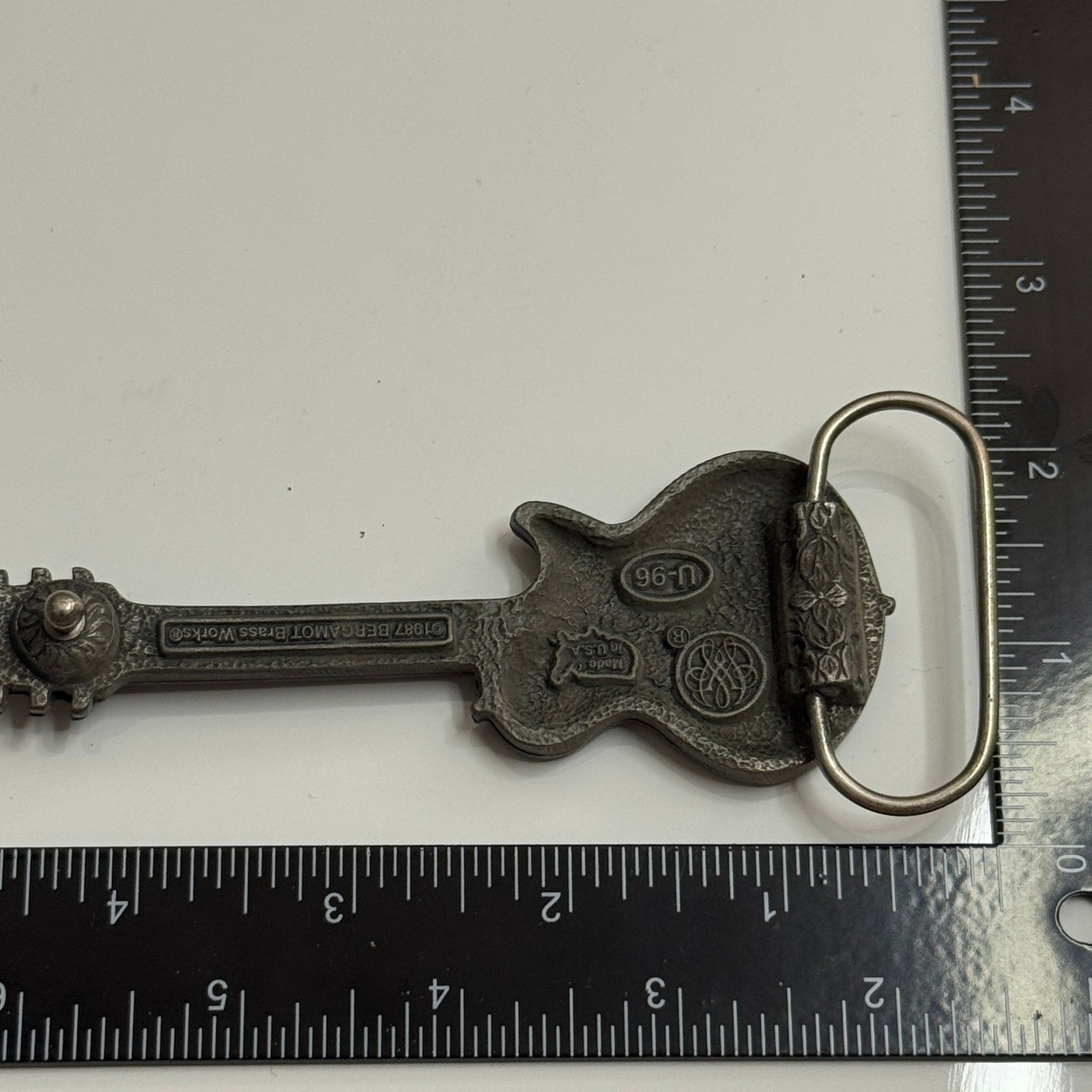 Bergamot Brass Works 1987 Guitar Belt Buckle Gold Glitter Made in USA