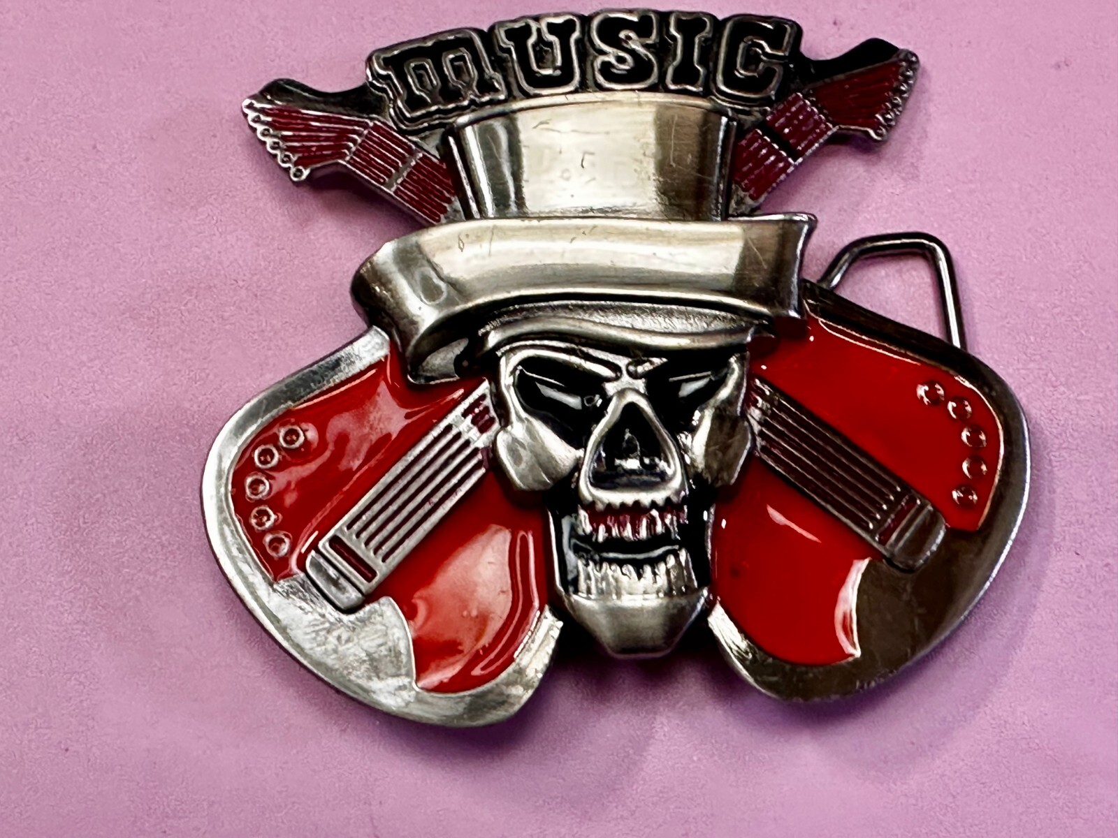 MUSIC Skull in Fedora Hat Crossed Electric Guitars Musician Rockstar Belt Buckle