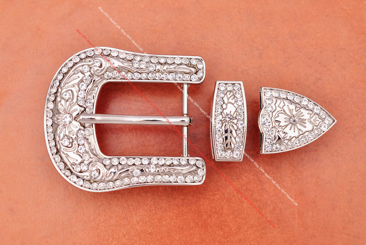 30mm Bling Silver Men Western Rhinestone Crystal Cowboy 3 Piece Set Belt Buckle
