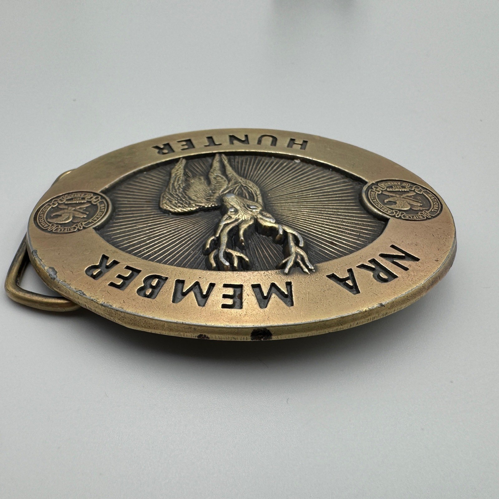 Vintage NRA Member Hunter Belt Buckle Brass Tone Deer Buck Wildlife Logo Oval