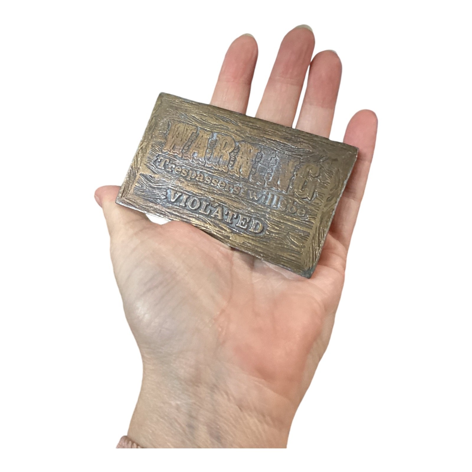Vintage Belt Buckle CDC Metalworks Warning Trespassers Will Be Violated