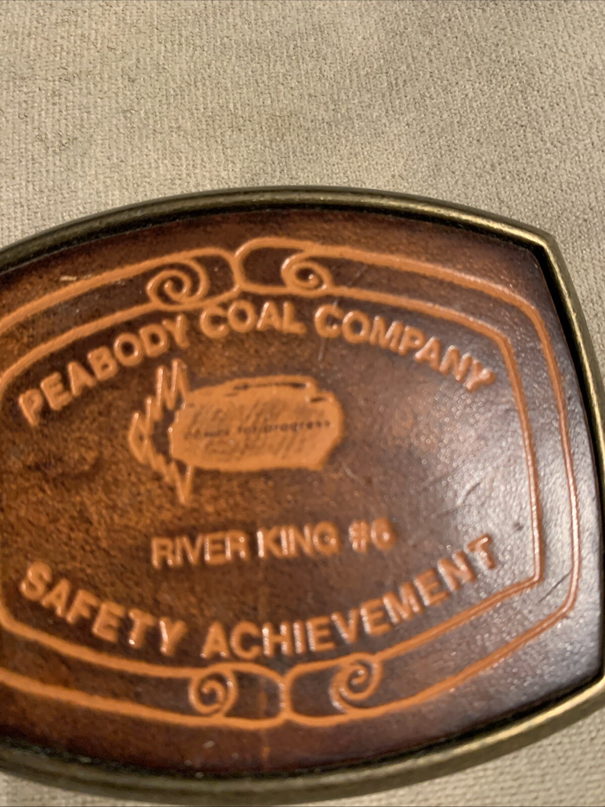Vintage Peabody Coal Company River King #6 Safety Award Leather Belt Buckle Rare