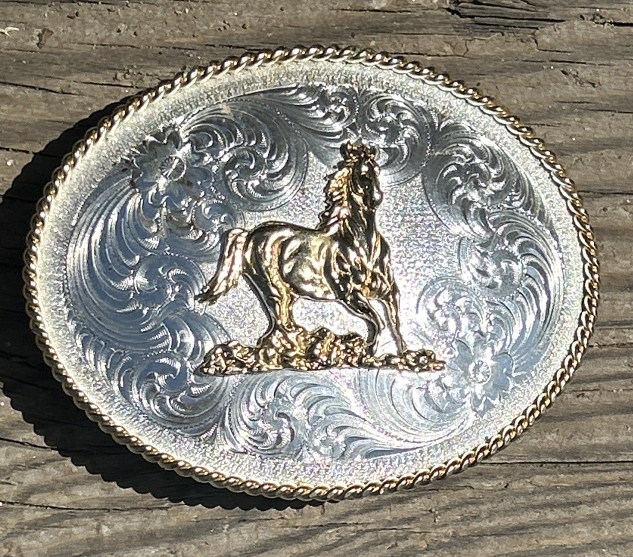 Montana Silversmiths Oval Western Horse Belt Buckle Silver/Gold Rope Edge