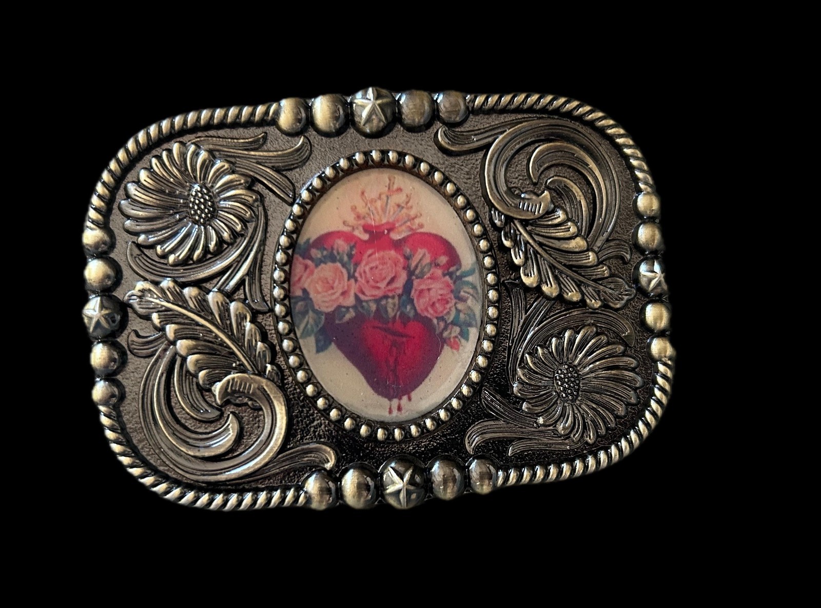 Heart and Roses Belt Buckle Valentines Western Mexican Sacred Sagrada Art