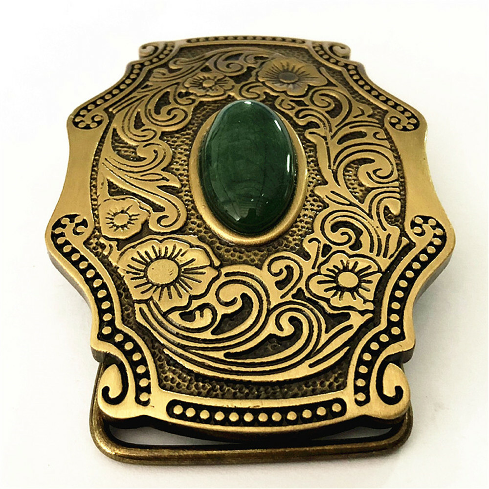 Jade & Grass Solid Brass Mens Belt Buckle Western Cowboy Vintage Antique