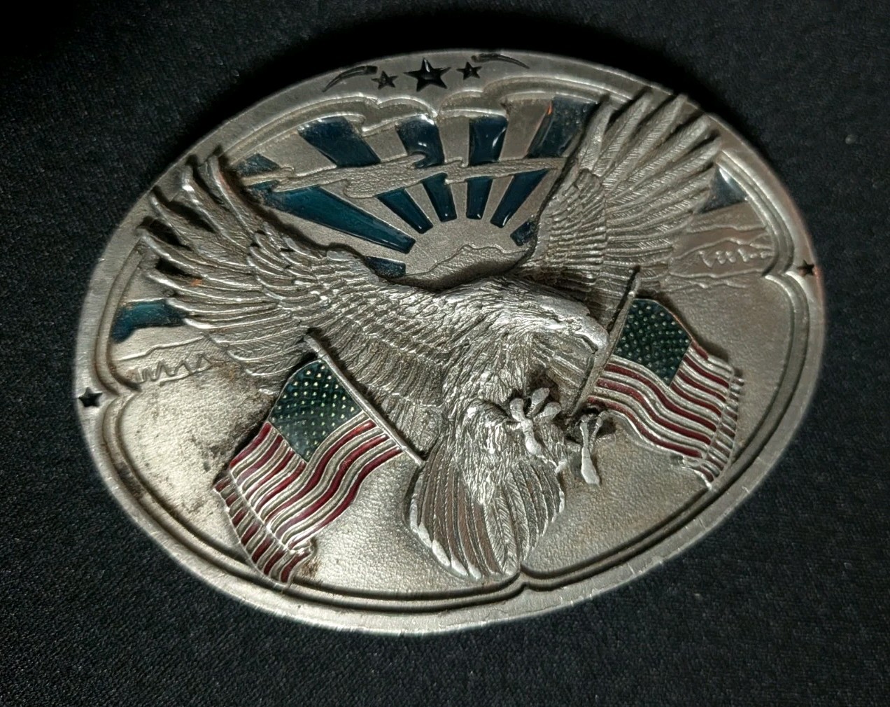 Belt Buckle Bald Eagle Flags USA Teal Enamel Bergamot T-256 980106 Patriotic