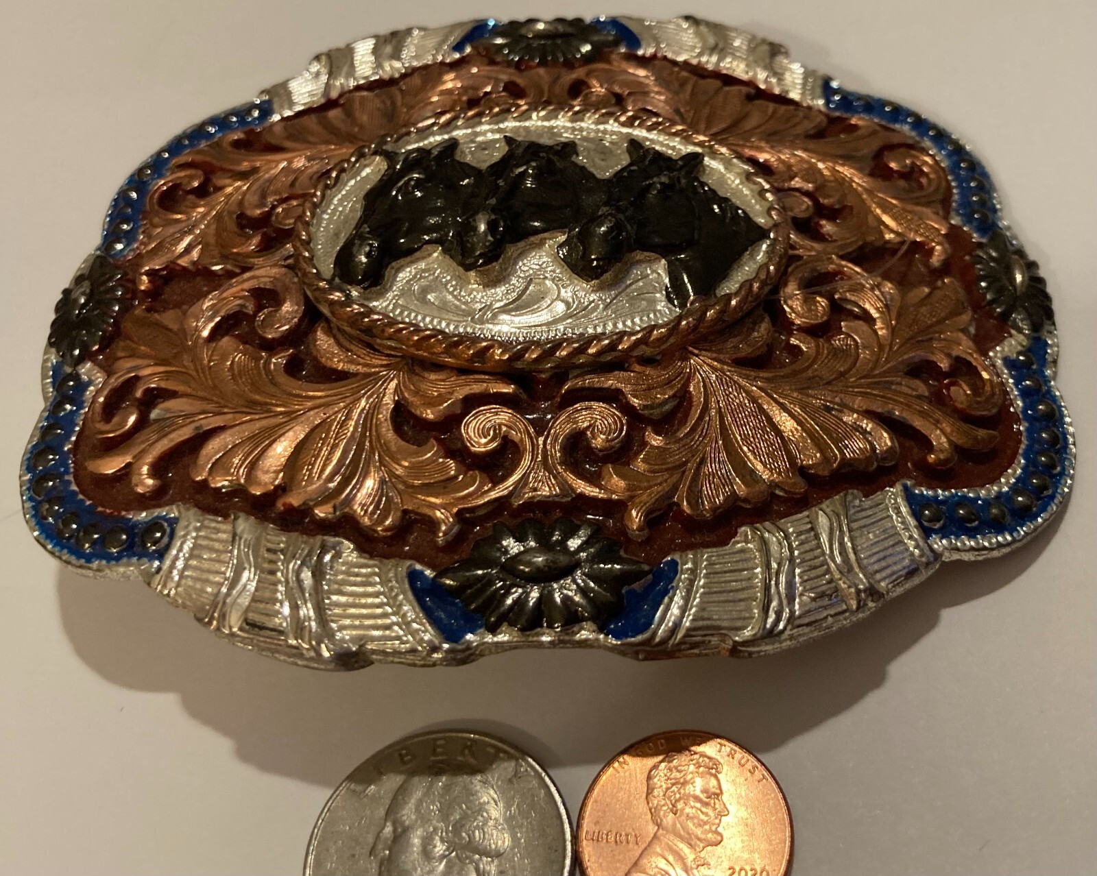 Vintage Metal Belt Buckle, Cowboy, 3 Horse Heads, Horse, Mexico, Texas, Big Size