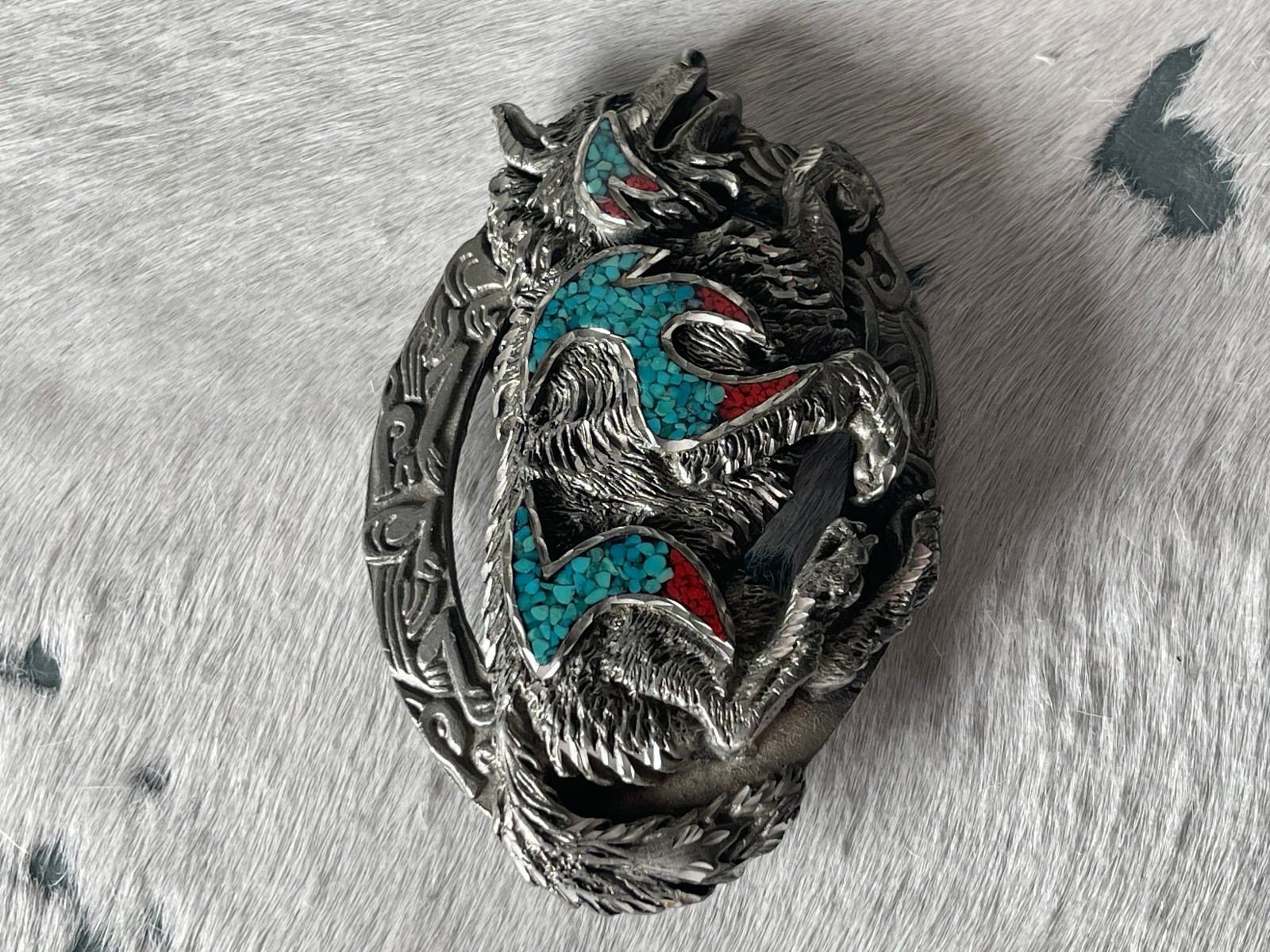 Vintage EJC Belt Buckle 4.25 x 2.75 in Wolf Southwestern Turq 1996 Oval 1.75
